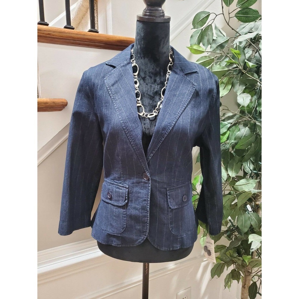 Classic Blues Women Denim Cotton Long Sleeve Single Breasted Blazer Size Medium